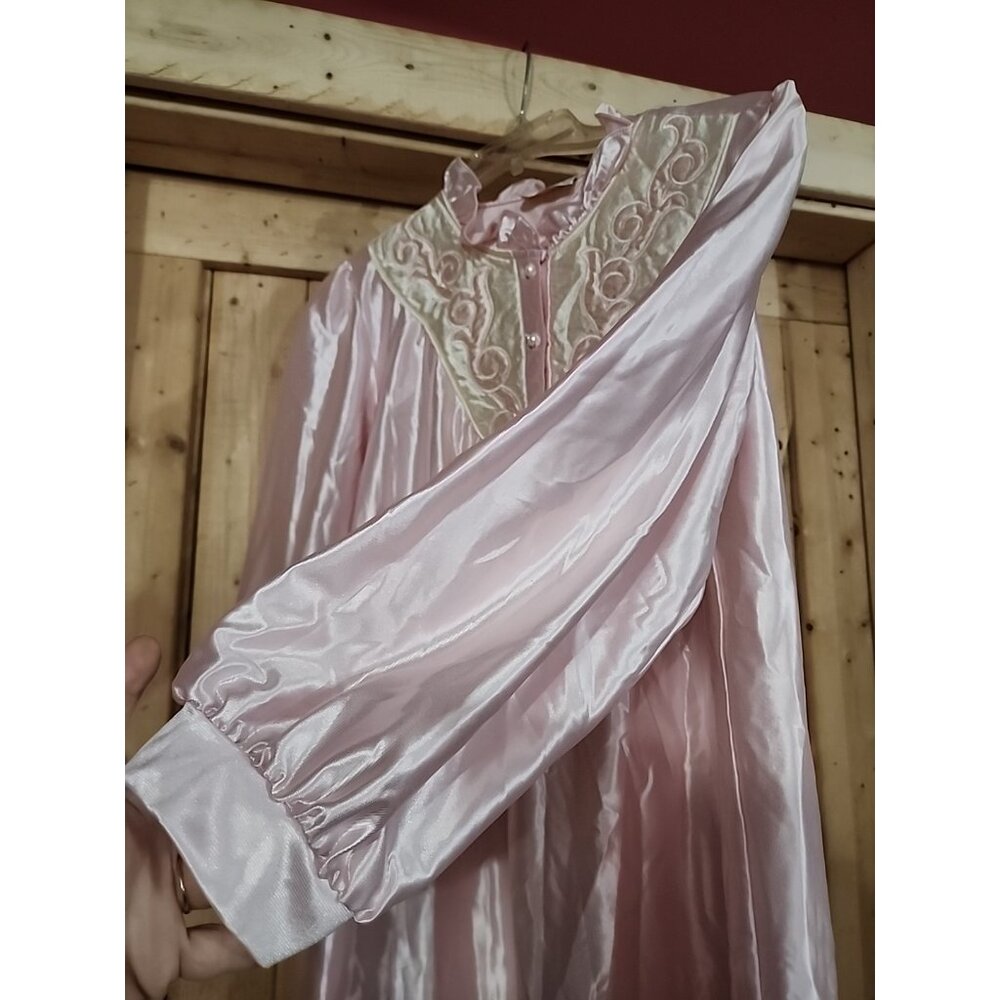 Vintage Sears Cachet Pink Satin Nightgown Womens Small Lace Long Sleeve Ruffle - Picture 4 of 11